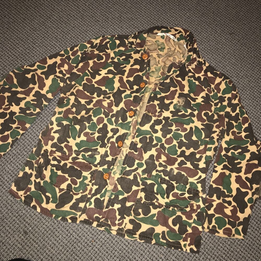 Vintage Camouflage Hunting Mens Large‎ Canvas Shirt By Meijer (one Patch Hole)